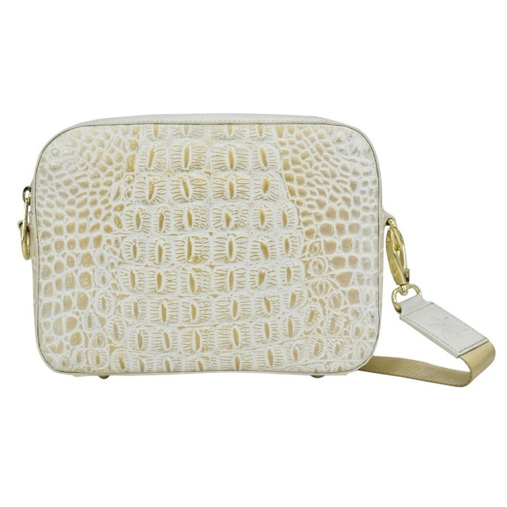 NEW Anuschka Cream‎ Gold Croc Embossed Leather Twin Top Messenger Bag Luxury